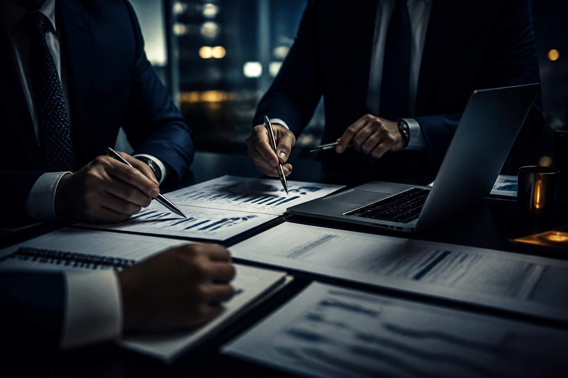 Equipe analisando relatórios financeiros em reunião