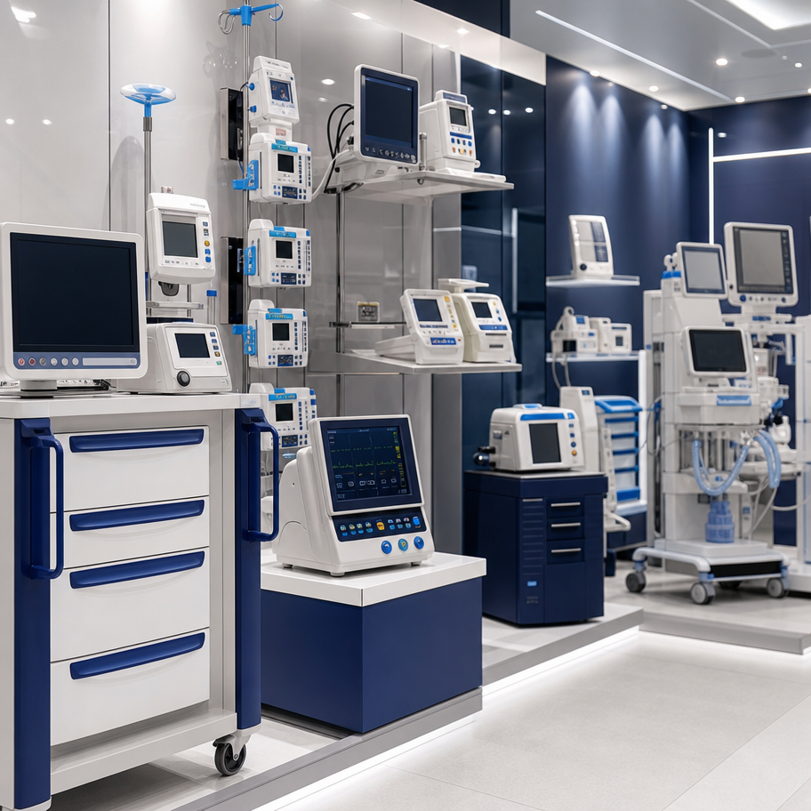 Equipe de empresa fornecedora de equipamentos médicos organizando showroom e indicadores comerciais