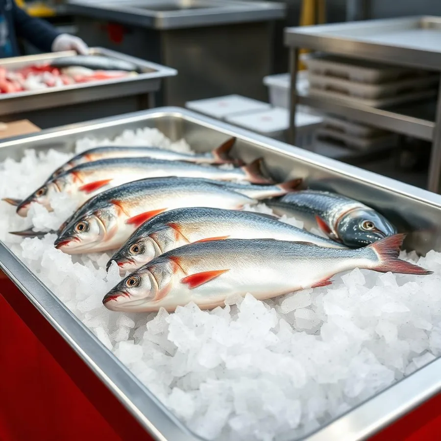Peixes frescos sobre gelo em bandeja de aço inox em distribuidora de pescados